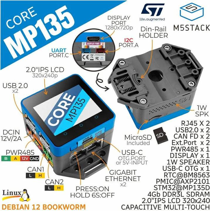 Produktbild M5Stack CoreMP135 STM32MP135D Core Entwicklungs-Kit Debian 12