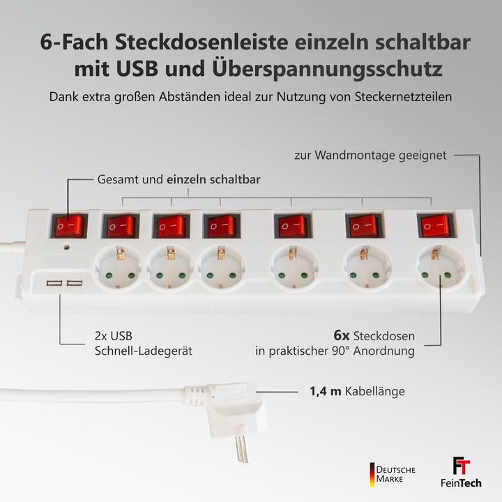 Produktbild FeinTech MD000652 6-Fach Steckdosenleiste einzeln schaltbar mit 2x USB (6 x)