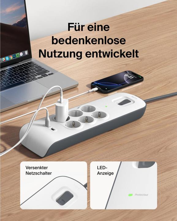 Actual product image Belkin Steckdosenleiste 6-fach + 2xUSB-A, 2m Kabel BSV604vf2M-V2 (6 x, USB, 2 m)