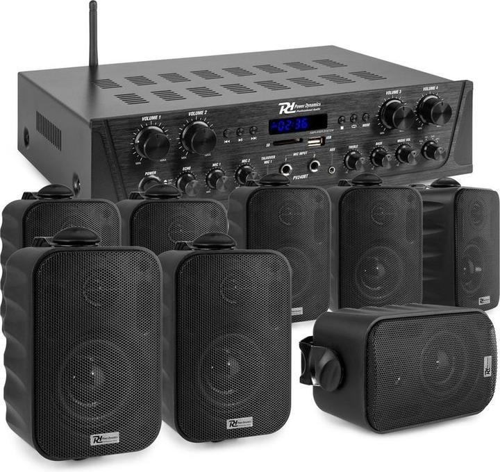 Actual product image Power Dynamics met Bluetooth - PV240BT 4-zone amplifier audio + 8 BGO30 zwarte 3 speakers (Active)