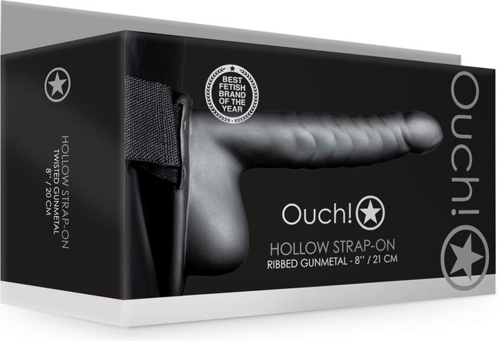 Actual product image Ouch! Ribbed Hollow Strap-on with Balls - 8" / 21 cm