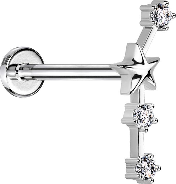 Actual product image Star Piercing Micro Labret inner thread silver star sign Aries with crystals (Surgical steel 316L, Brass)