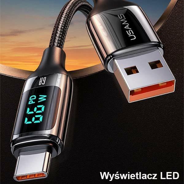 Produktbild Usams Kabel pleciony U78 USB-C 1.2m LED 6A Fast Charging czarny/black SJ544USB01 (US-SJ544) (1.20 m, USB 3.2 Gen 1)