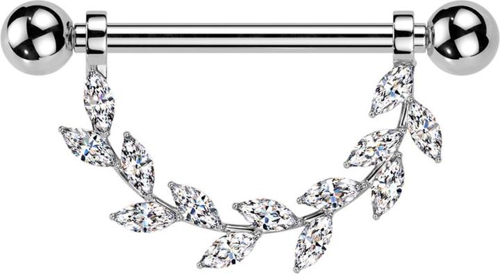 Produktbild Star Piercing Barbell Innengewinde silber mit zwei Kugeln Anhänger Kristallblätter silber (Titan G23, ohne Messing)