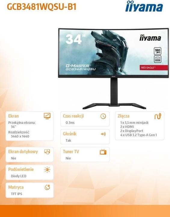 Produktbild iiyama 34" CURVED QHD 180Hz / HAS (3440 x 1440 Pixel, 34")
