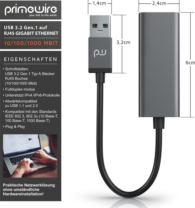 Immagine prodotto Primewire Adattatore di rete da USB tipo A a RJ-45 Ethernet, adattatore di rete USB 3.2 esterno con porta (USB-C 3.2 Gen 1, RJ45 (1x))