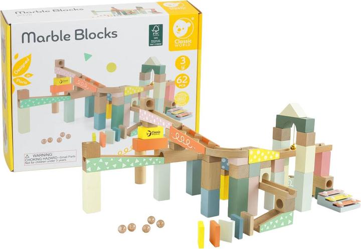 Actual product image Classic World Wooden marble run building set, 62 pieces.