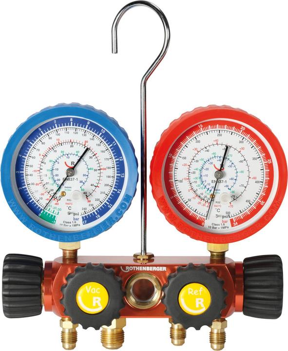 Rothenberger Analogue 4-way pressure gauge set, incl. hoses with ball valve for R410A and R32.