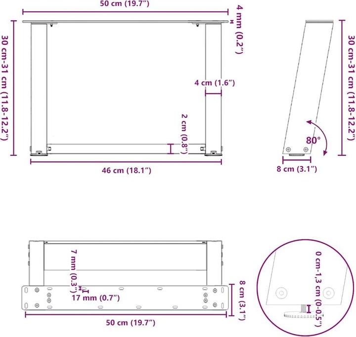 Actual product image VidaXL U-shaped coffee table legs 2 pcs. Anthracite 50x(30-31) cm steel table leg