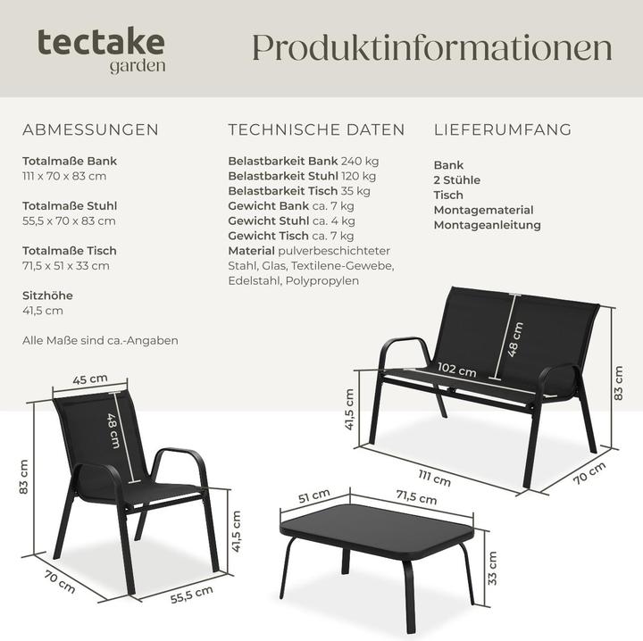 Produktbild tectake Sitzgruppe Nora für 4 Personen, Textilene-Gewebe (111 cm)
