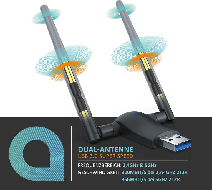 Actual product image Aplic WLAN stick, WIFI dongle USB 3.0, 1200 MBit/s dual band 2.4 + 5 Ghz external antennas (USB)