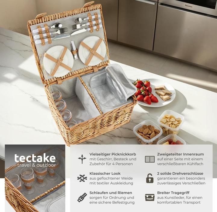 Produktbild tectake Picknickkorb Föhr für 4 Personen, mit Kühlfach & Zubehör