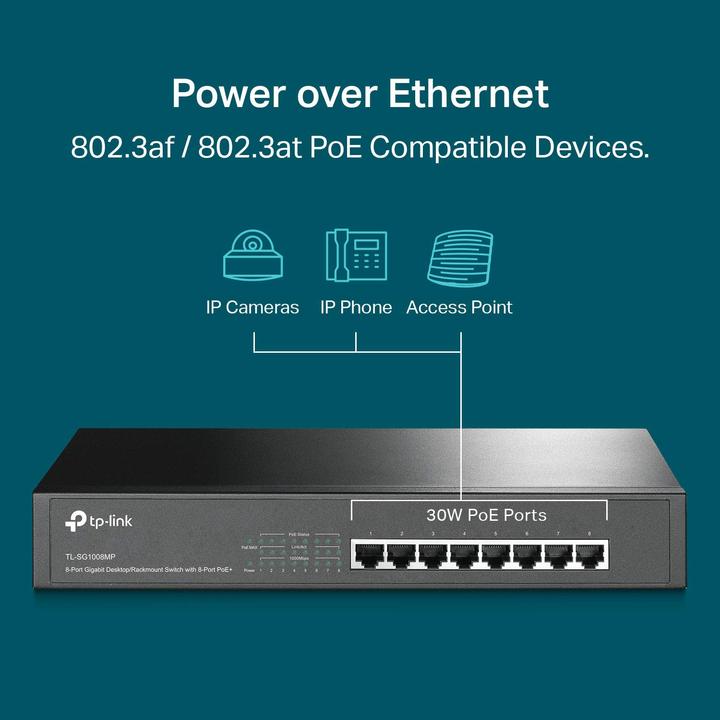 Actual product image TP-Link TL-SG1008MP - Switch - unmanaged - 8 x 10/100/1000 (PoE+) - desktop, rack-mountable - PoE+ ( (8 Ports)