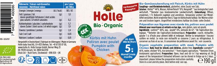 Nährwerte und Zutaten Holle Kürbis mit Huhn (190 g)