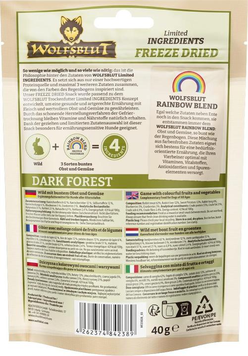 Valeurs nutritives et ingrédients Wolfsblut Leckerli Freeze Dried Dark Forest 40 g (1 pcs, 40 g)