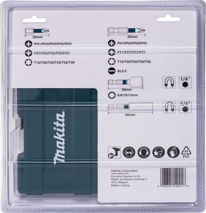 Produktbild Makita Bit-Set (Kreuz Phillips PH M1, Kreuz Phillips PH M2, Kreuz Phillips PH M3, Kreuz Pozidriv PZ M1, Kreuz Pozidriv PZ M2, Kreuz Pozidriv PZ M3, Innensechsrund TX M15, Innensechsrund TX M25, Innensechsrund TX M20, Innensechsrund TX M30)
