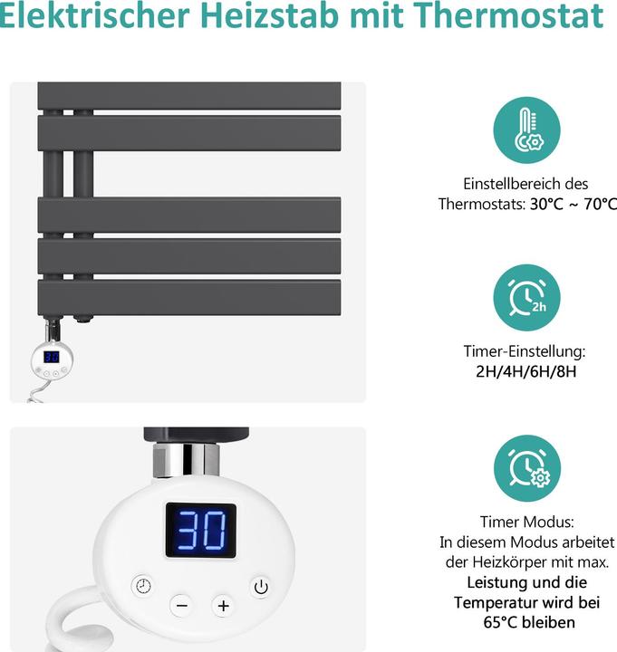 Immagine prodotto Emke Scaldasalviette elettrico con elemento riscaldante e timer, bianco 1041x600mm 600W (600 W)