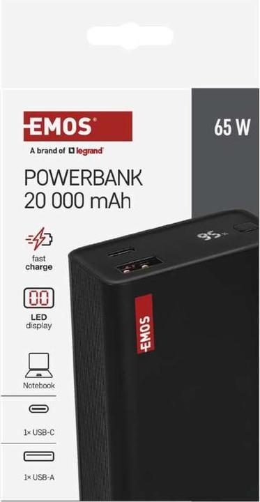 Produktbild Emos Powerbank NTBF20, 20 000 mAh, 65 W PD, schwarz (20000 mAh, 65 W, 74 Wh)