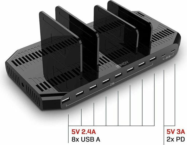 Produktbild Lindy 120W 10 Port USB-Ladestation Zum gleichzeitigen Laden von bis zu 10 Tablets und/oder Smartphones (120 W)