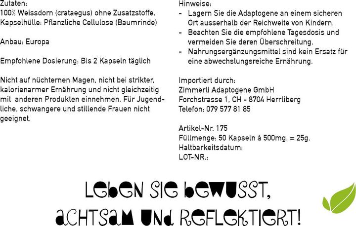 Nährwerte und Zutaten Zimmerli Adaptogene Weissdorn Kapseln 50 Kapseln (1 Stück, Kapseln, 25 g)