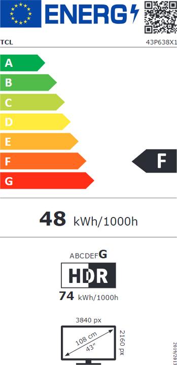Etichetta energetica TCL 43P638 (43", LED, 4K, 2022)