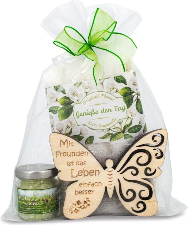 Produktbild ZNatur Geschenkset Zirben Holz Schmetterling mit Gravur Mit Freunde Badesalz & Tuch No.38 (Körperpflegeset)