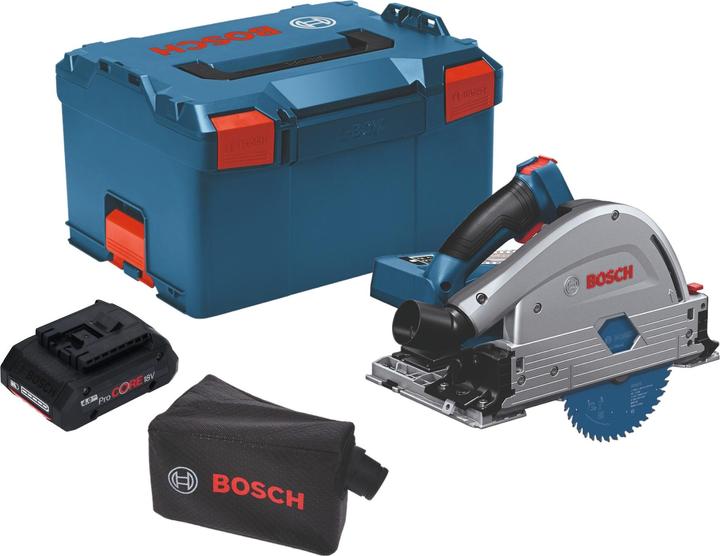 1.3 x 20 mm, 42, 1x Bosch GKT 18V-52 GC Professional cordless plunge-cut saw, 1x Bosch GBA 18 V 4.0 Ah ProCORE rechargeable battery, 1x dust bag, 1x Allen key, 1x circular saw blade, Expert for Wood for cordless saws, 140 x 1.8