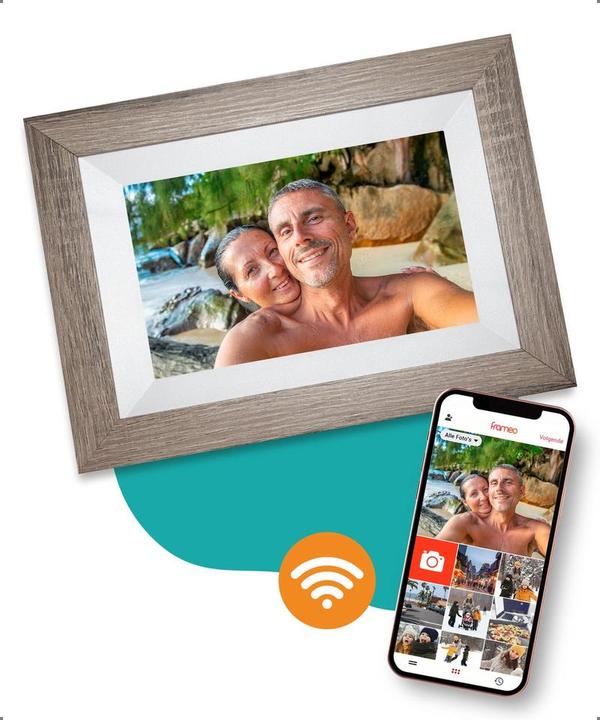 Produktbild fotolijst met WiFi en Frameo App Fotokader - 8 inch - Pora HD+ -IPS Display Bruin/Hout - Micro SD - (8", 1280 x 800 Pixel)