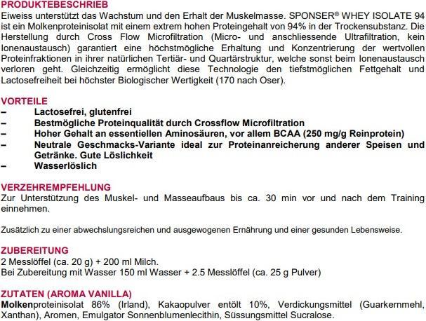 Nährwerte und Zutaten Sponser Whey Isolate 94 (Chocolate, 1 Stk., 1500 g)