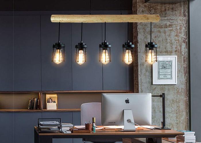 Actual product image Swisshandel24 Hanging Lamp, Industrial Vintage Solid Wood Metal Black - 5 Cage Lamp Shades (E27)