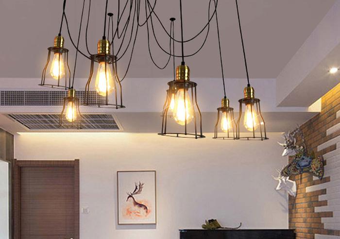 Actual product image Swisshandel24 Pendant Lamp Hanging Lamp, Industrial Metal Height Adjustable Black - 7x Cage Lamp Sc (E27)