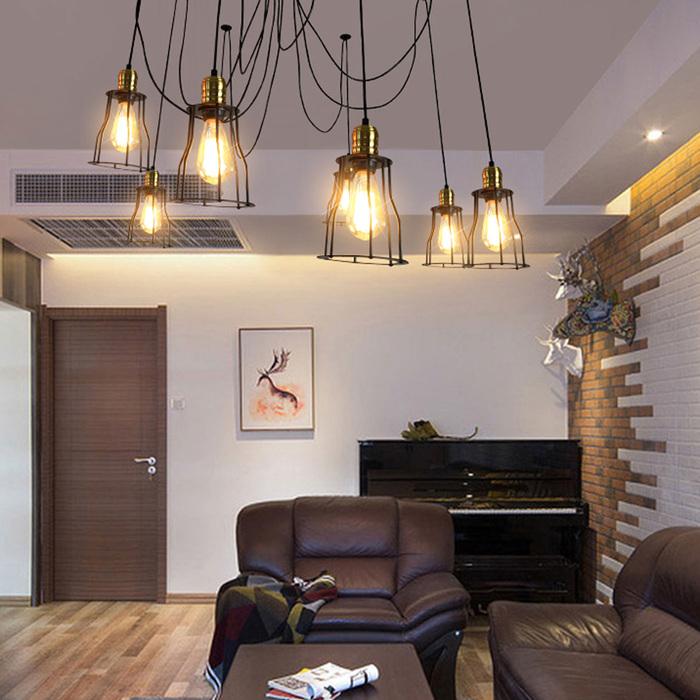 Actual product image Swisshandel24 Pendant Lamp Hanging Lamp, Industrial Metal Height Adjustable Black - 7x Cage Lamp Sc (E27)