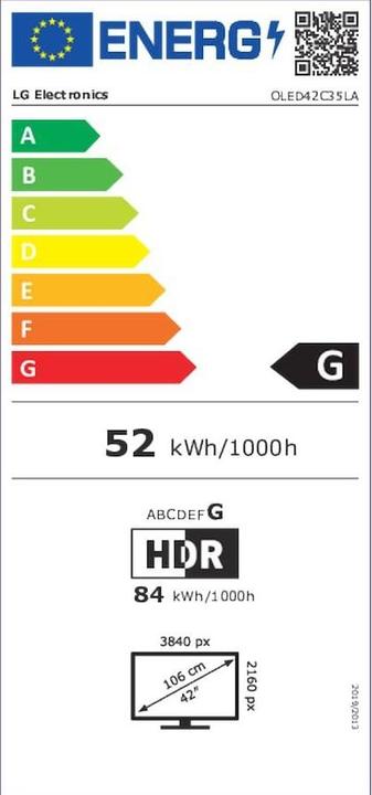 Label énergétique LG OLED42C35LA (42", C3, OLED, 4K, 2023)
