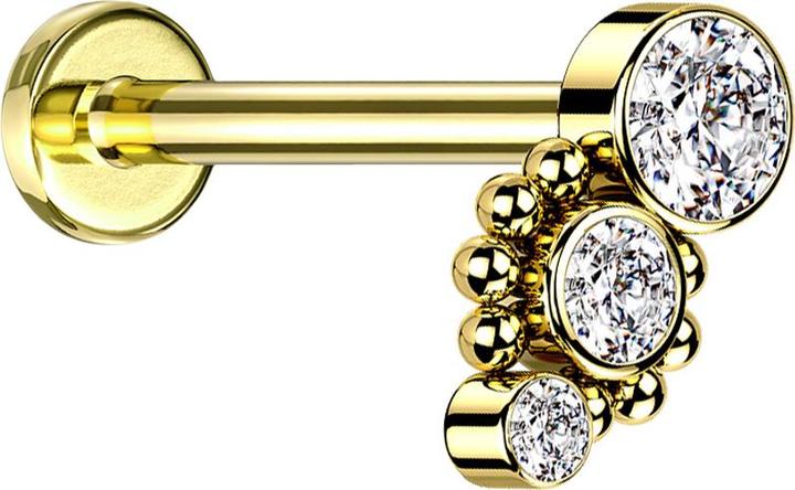Image du produit Star Piercing Micro Labret Innengewinde vergoldet acht Kugeln drei Kristalle silber (Acier chirurgical 316L)