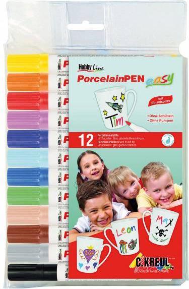 Actual product image Kreul Porzellanmarker "PorcelainPEN easy" Set (Rose, Brown, Black, Orange, Cream, Yellow, Grey, Violet, Dark Blue, Dark green, Light blue, Cherry red, 3 mm, 12 x)