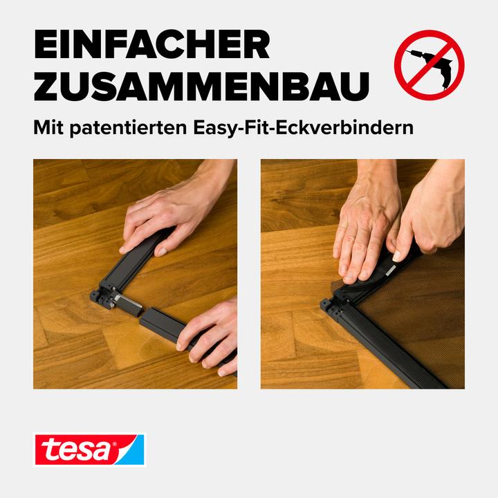Produktbild tesa Insektenschutz Alu COMFORT für Fenster, mit Rahmen aus Aluminium, ohne Bohren (100 x 120 cm)