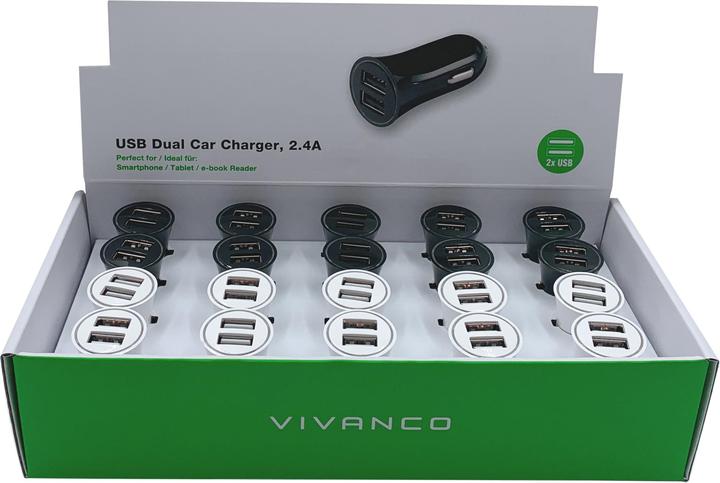 Actual product image Vivanco Car charger with 2xUSB, 12W, 2.4A, display of 20, assorted colours