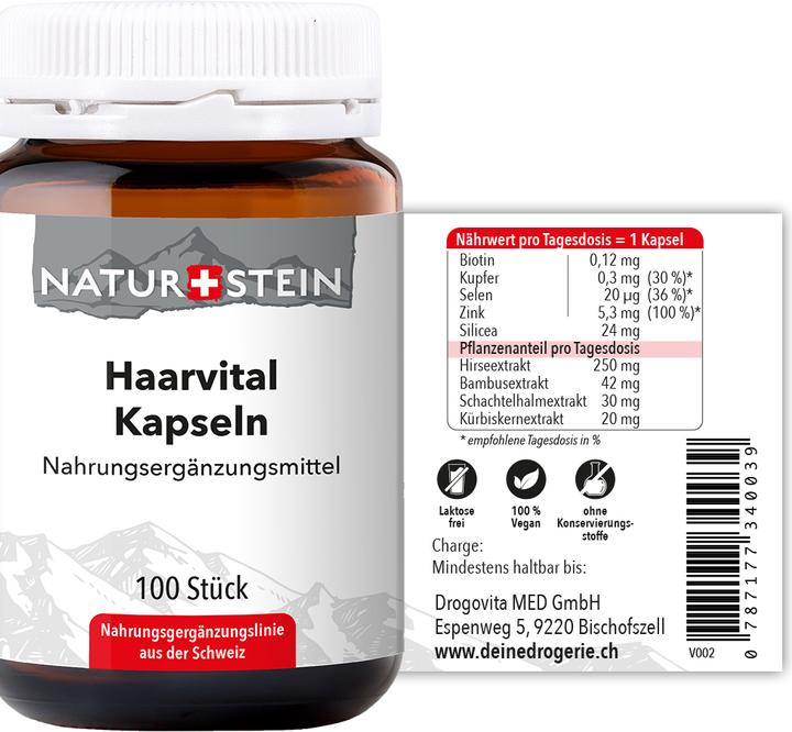 Valeurs nutritives et ingrédients Naturstein Vital pour les cheveux (100 pièce(s), Capsules, 151 g)