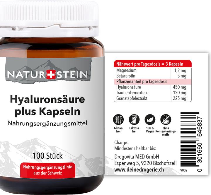 Nutritional values and ingredients Naturstein Hyaluronic acid plus (100 Piece, Capsules, 136 g)