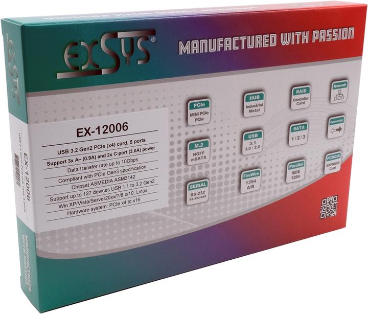 Image du produit Exsys Carte PCIe (x2) GmbH USB 3.2 Gen2 à 5 ports (connecteurs 3A+2C)