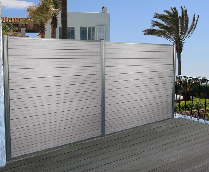 Immagine prodotto Swisshandel24 Paravento in WPC Sarthe, recinzione frangivento, pali in alluminio Set di 2, 3,75 m grigio (7.50 cm)