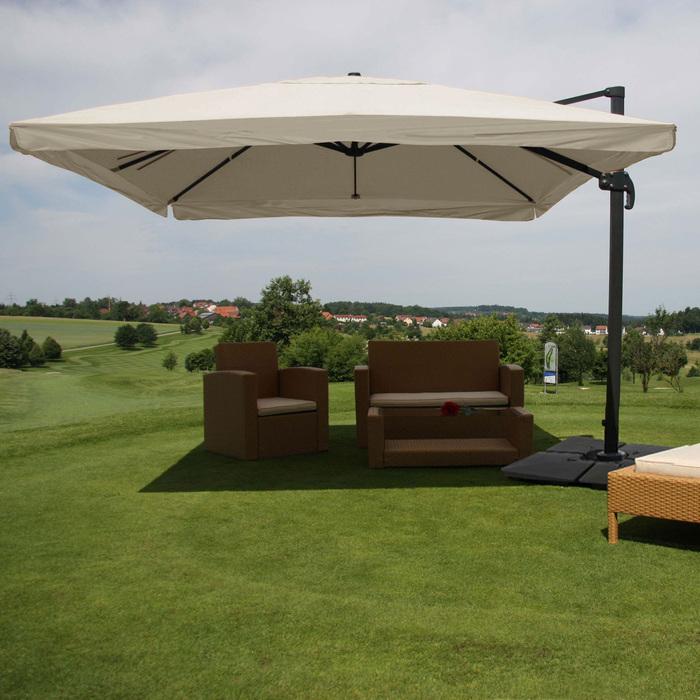 Produktbild Mendler Gastronomie-Ampelschirm, 3,5x3,5m (Ø4,95m) Polyester Alu/Stahl 25kg - Flap, creme-grau mit Ständer (3.50 m)