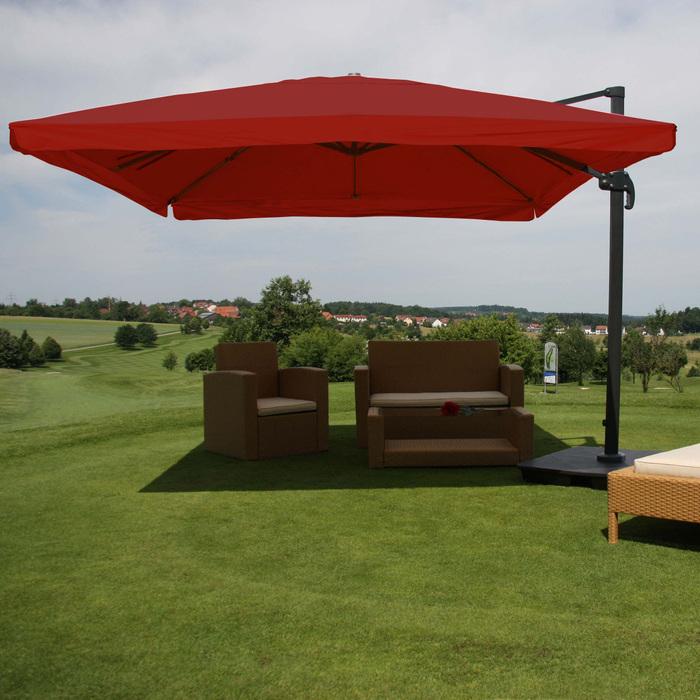 Produktbild Swisshandel24 Ampelschirm, Sonnenschirm Gastronomie 3x3m (Ø4,24m) Polyester/Alu 23kg, Flap, bordeaux mit Ständer - (3 m)