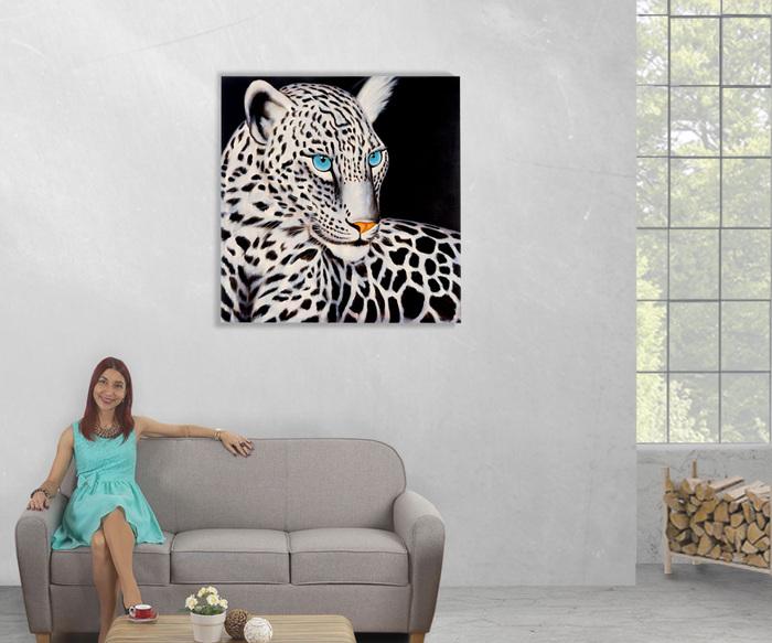 Produktbild Swisshandel24 Ölgemälde Weisser Leopard, 100% handgemaltes Wandbild Gemälde XL, 100x100cm (100 x 100 cm)