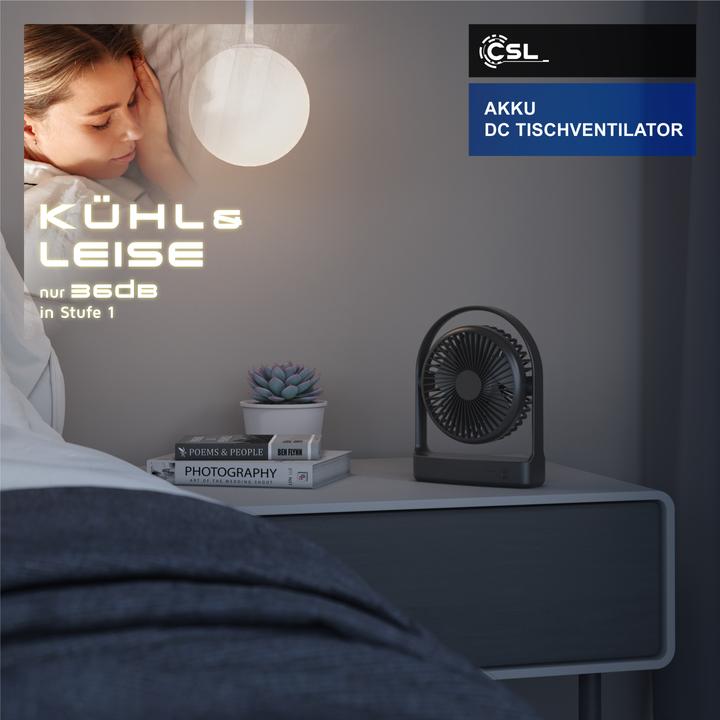 Actual product image CSL Akku Tischventilator, sehr leise, USB Mini Desk Fan, Schreibtischventilator, mobiler Lüfter DC Motor (46.40 dB)