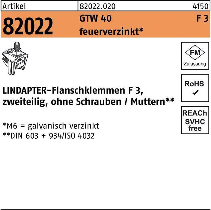 Produktbild Lindapter Flanschklemme R 82022 GTW 40 F 3 M 12 / 40 feuerverzinkt (40 m)