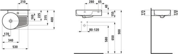 Actual product image Laufen VAL washbasin, without tap hole, without overflow, 530x400mm, semi-dry area right, H815288 (800 mm, 530 mm)
