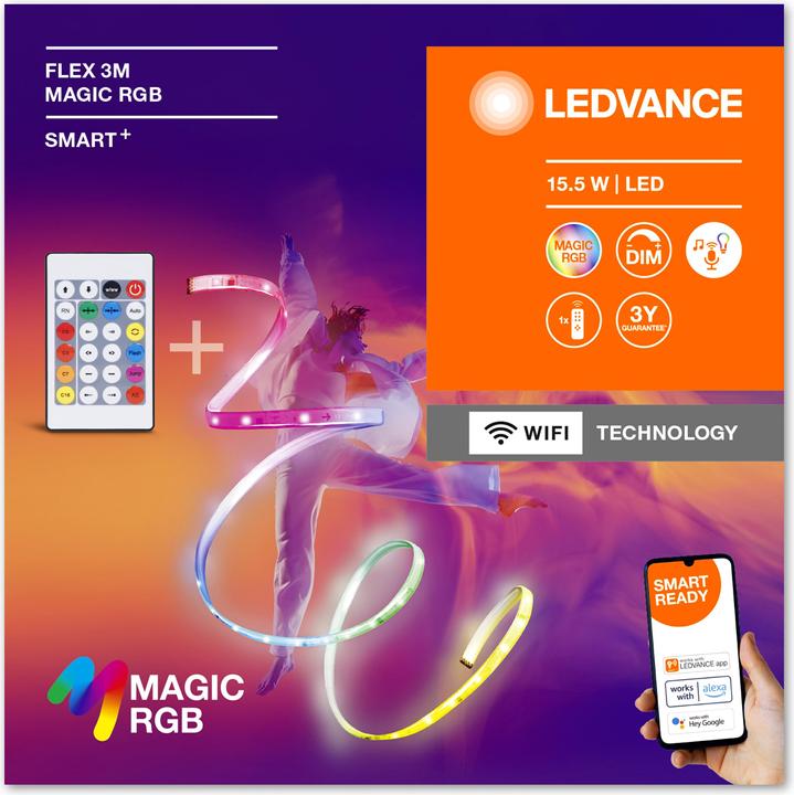 Actual product image Ledvance Smart LED light strip WiFi "MAGIC FLEX", 3m + remote control, RGB (Multicoloured, 300 cm, Indoor)