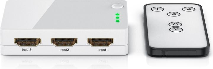 Produktbild CSL 3 Port HDMI Switch, Audio / Video Verteiler mit Verstärker, 3D, Full HD, inkl. Fernbedienung, weiss