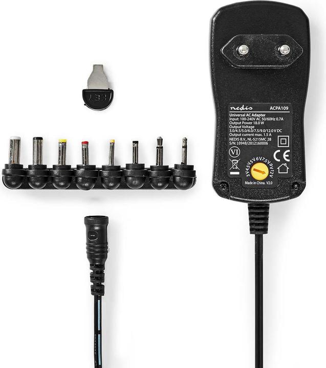 Image du produit Nedis Adaptateur secteur universel 7.5 W 3-12 V DC 1.10 m 2.0 A 8 Plug(s) Black (18 W)